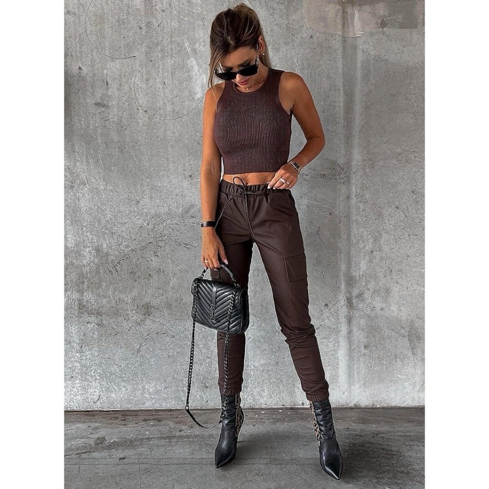 Brown Faux Leather Vegan Leather High Waist Cargo Utility Joggers Jogger Pants - Picture 9 of 10